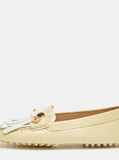 Tod's Beige/White Patent Leather Buckle Detail Fringe Loafers Size 39