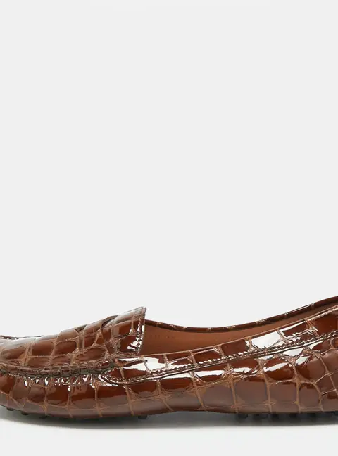 Tod's Gommini Size 38.5 Brown Croc Embossed Patent Leather Loafers