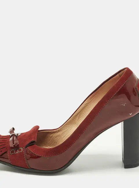 Tod's Size 38.5 Burgundy Patent Leather and Suede Fringe Bow Loafer Pumps