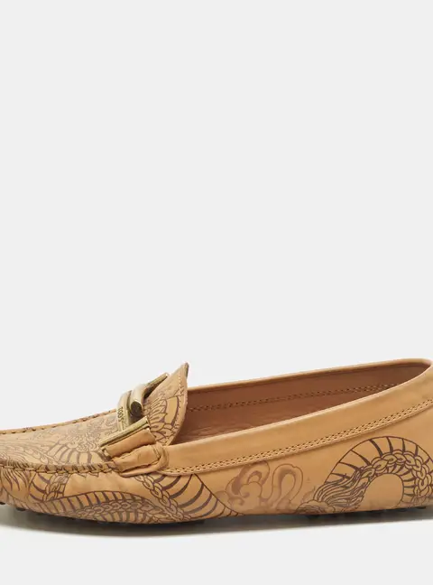 Tod's Double T Size 36 Beige Tattoo Dragon Print Leather Slip On Loafers