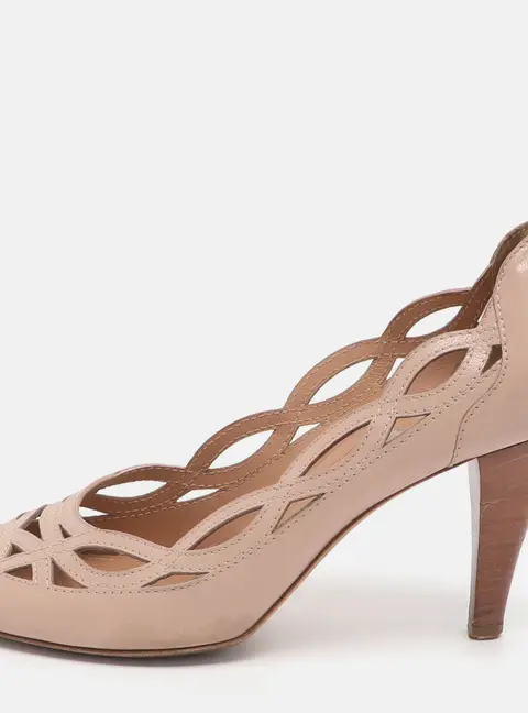 Tod's Size 37 Beige Cutout Patent Leather Peep Toe Pumps