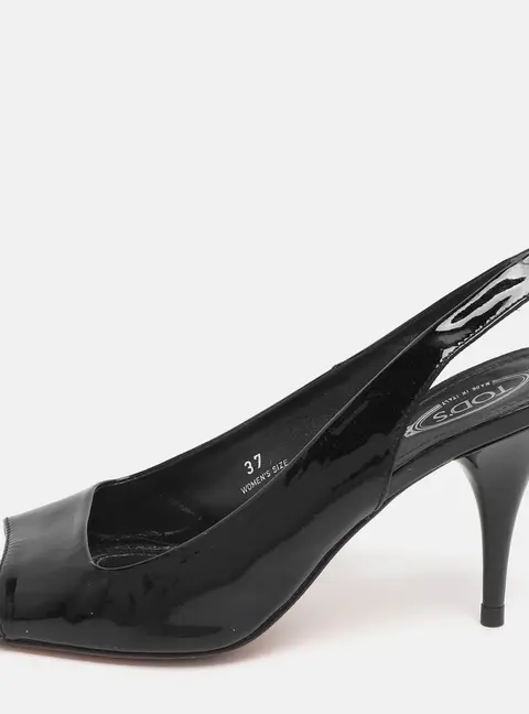 Tod's Size 37 Black Patent Leather Slingback Sandals