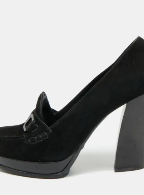 Tod's Size 37.5 Black Suede Block Heel Loafer Pumps