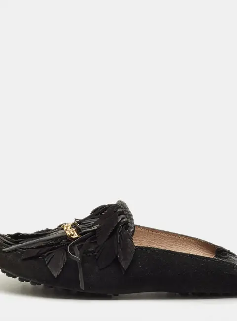 Tod's Size 38 Black Suede Tassel Fringe  Mules