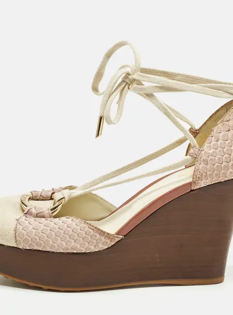 Tod's Size 39.5 Grey Canvas and Python Leather Wedge Pumps