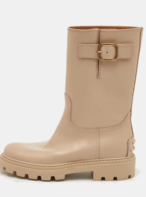 Tod's Size 36.5 Beige Smooth Leather Buckle Detail Mid Calf Boots