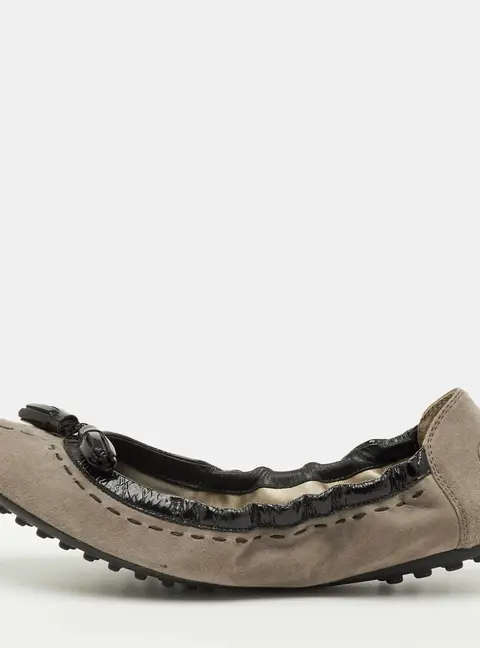 Tod's Tassels Size 37 Brown/Black Suede and Patent Leather Scrunch Ballet Flats