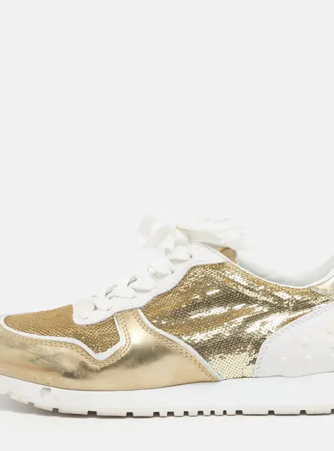 Tod's Size 38.5 Gold/White Leather and Sequins Sneakers