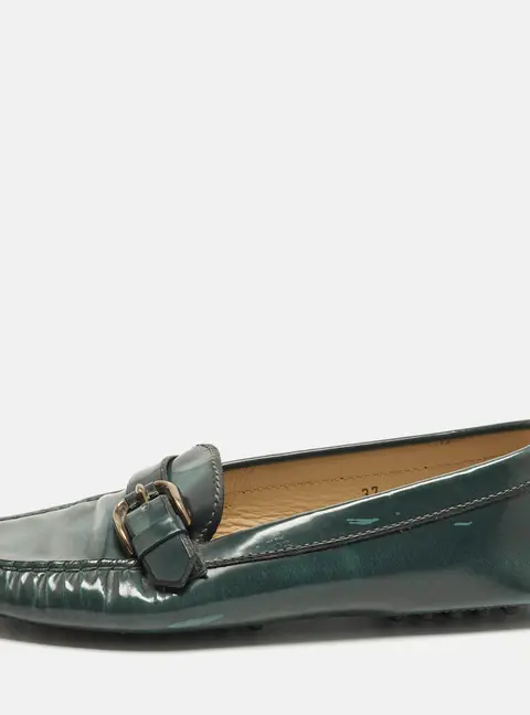 Tod's Size 37 Green Patent Leather Driver Buckle Detail Loafers