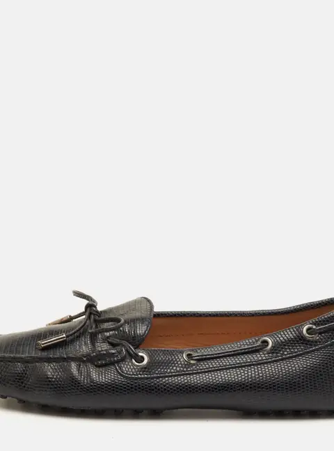 Tod's Size 39 Black Lizard Embossed Leather Slip On Loafers