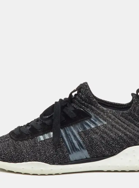Tod's Metallic Black Lurex Fabric and Suede T Print Sneakers Size 36