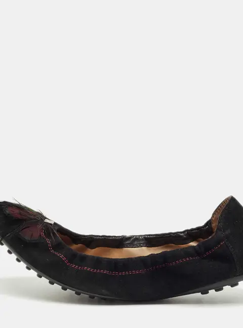 Tod's Black Suede Scrunch Feather Embellish Ballet Flats Size 39