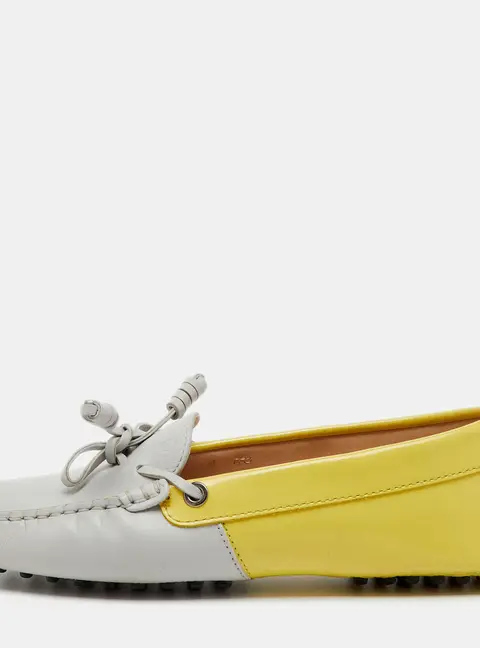 Tod's Yellow/Grey Leather and Patent Bow Slip On Loafers Size 36