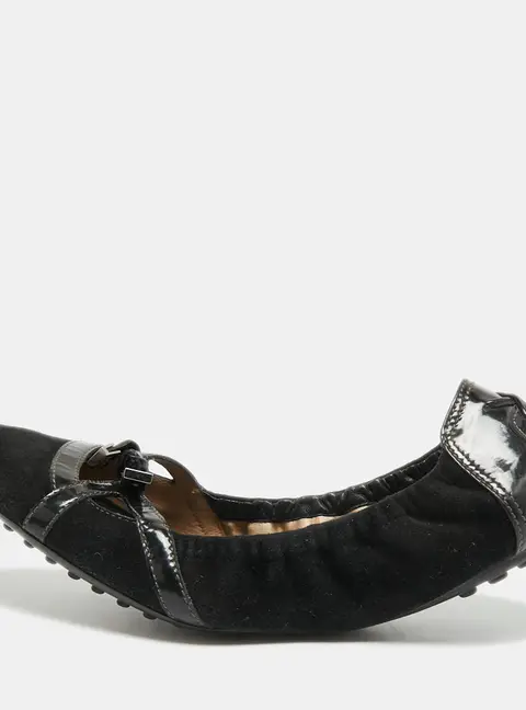 Tod's Size 39 Black Patent Leather and Suede Scrunch Ballet Flats