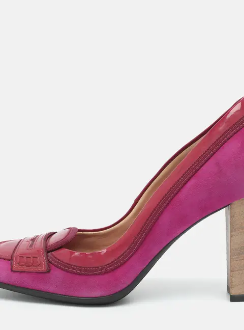 Tod's Size 37.5 Pink Patent Leather and Suede Loafer Pumps