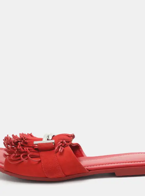 Tod's Double T Size 36.5 Red Leather Fringe Slide Sandals