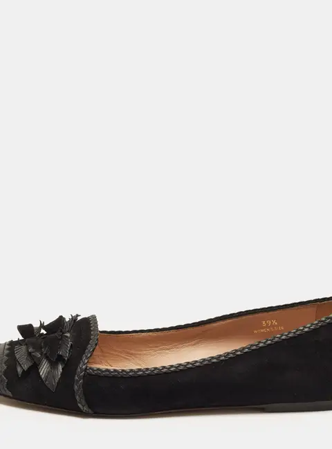 Tod's Size 39.5 Black Leather and Suede Embellished Bow Pointed Toe Ballet Flats