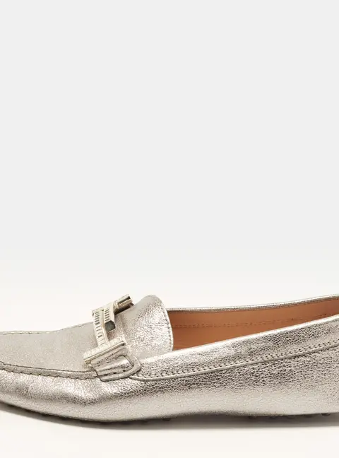 Tod's Double T Size 37.5 Silver Leather Driver Loafers