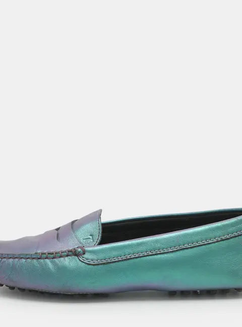 Tod's Penny Size 38 Blue Iridescent Leather Loafers