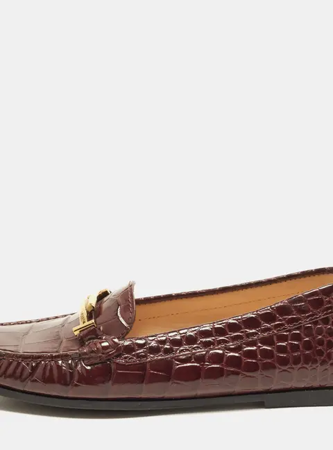 Tod's Double T Size 36.5 Burgundy Croc Embossed Leather Driver Loafers