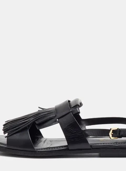 Tod's Size 40 Black Leather Fringe Detail Slingback Flat Sandals