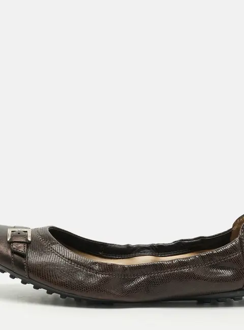 Tod's Size 37.5 Brown Leather and Lizard Embossed Leather Scrunch Ballet Flats