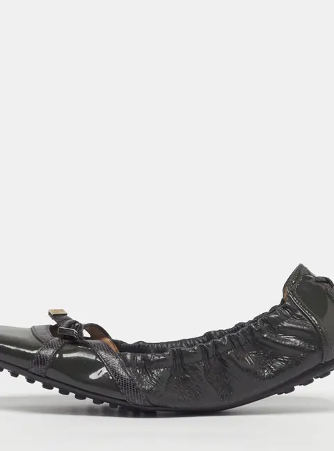 Tod's Size 37.5 Dark Green Lizard Embossed Leather and Patent Leather Scrunch Bow Ballet Flats