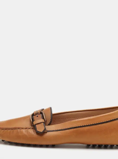 Tod's Size 38.5 Tan Leather Buckle Embellished Slip On Loafers