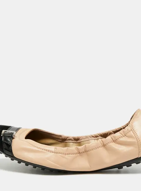 Tod's Bow Scrunch Size 38.5 Beige/Black Leather and Suede Ballet Flats