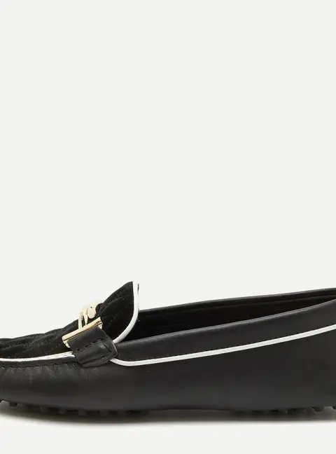 Tod's Double T Size 38.5 Black Leather and Quilted Velvet Slip On Loafers