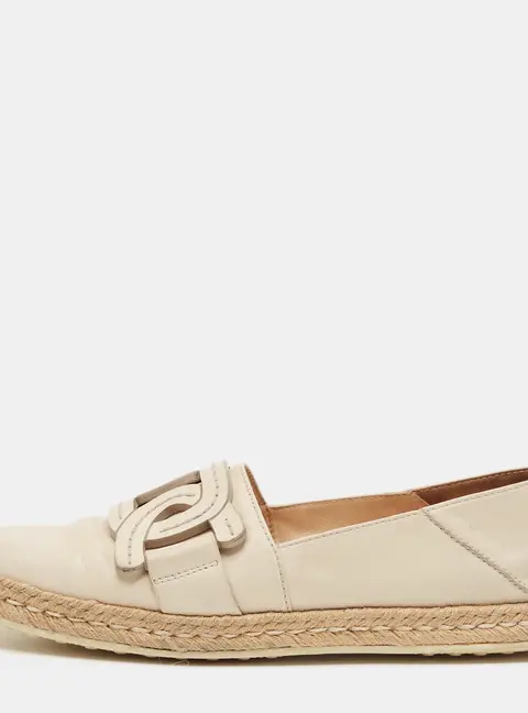 Tod's Kate Size 39 Cream Leather Slip On Espadrille Flats