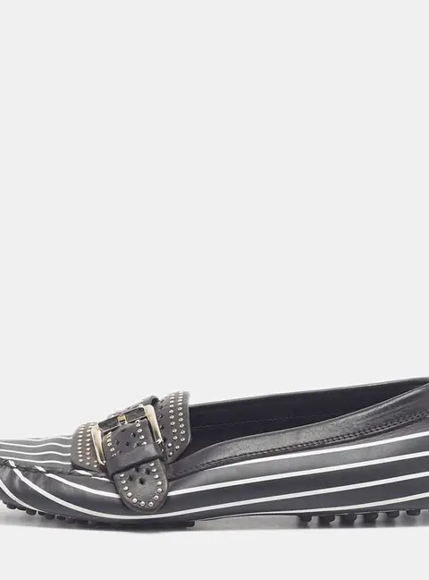 Tod's Size 38.5 Black Leather Stripe Printed Studded Buckle Loafers