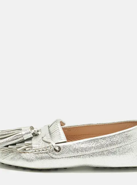 Tod's Gommino Size 37 Silver Leather Tassel Penny Loafers