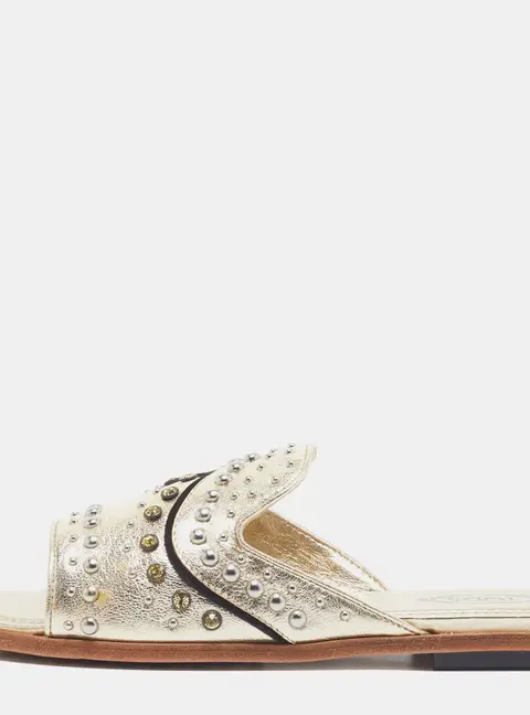 Tod's Size 37.5 Gold Leather Studded Embellishment Flat Slide