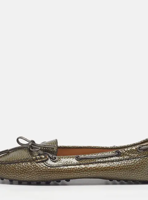 Tod's Gommino Size 39.5 Olive Green Grained Leather Bow Driver Loafers