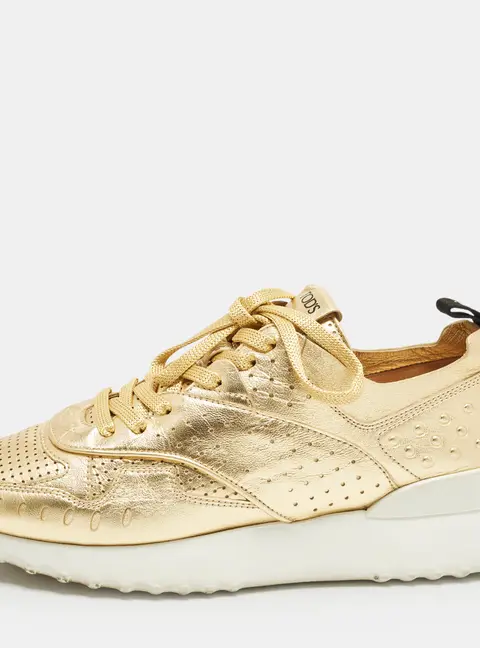 Tod's Drilled Metallic Size 37.5 Gold Leather Lace Up Sneakers