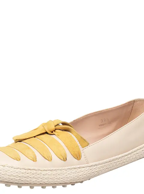 Tod's Beige/Yellow Leather And Suede Bow Espadrille Flats Size 39.5