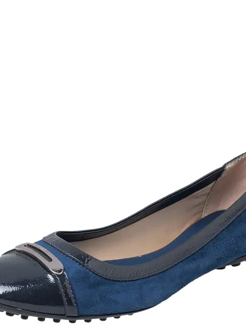 Tod's Blue Suede And Patent Leather Embellished Cap Toe Ballet Flats Size 38