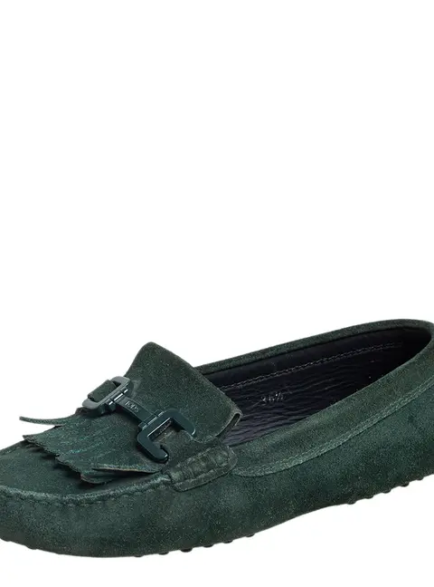 Tod's Green Suede Fringe Slip On Loafers Size 36.5