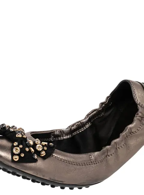 Tod's Grey Leather Crystal Embellished Bow Ballet Flats Size 37.5
