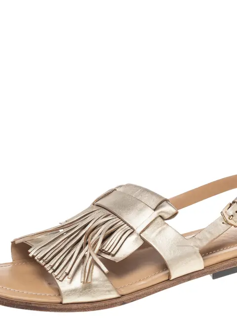 Tod's Metallic Gold Leather Fringe Slingback Flat Sandals Size 37