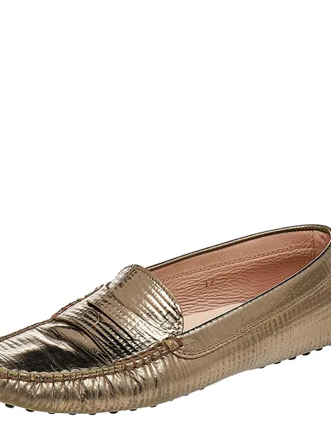 Tod's Metallic Bronze Lizard Embossed Leather Penny Loafers Size 37