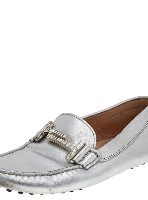 Tod's Silver Leather Slip on Loafers Size 36