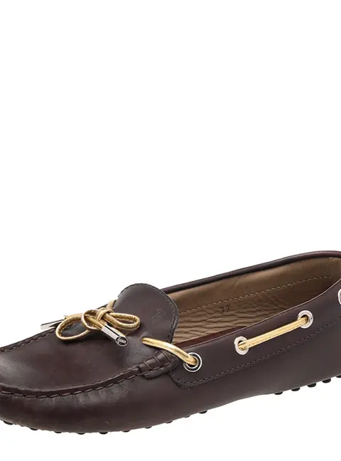 Tod's Brown/Gold Leather Bow Slip On Loafers Size 37