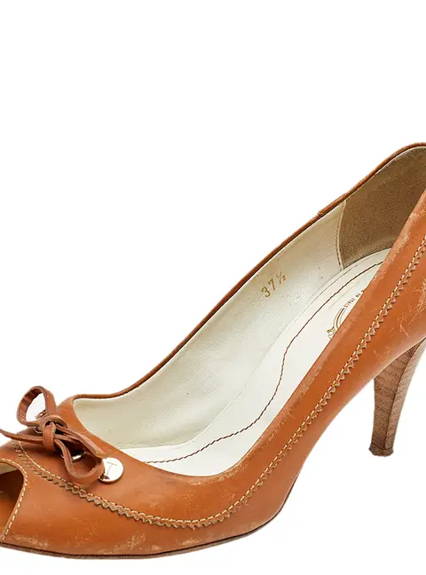 Tod's Brown Leather Bow Peep Toe Pumps Size 37.5