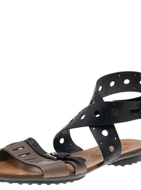 Tod's Black/Grey Leather Flat Sandals Size 36
