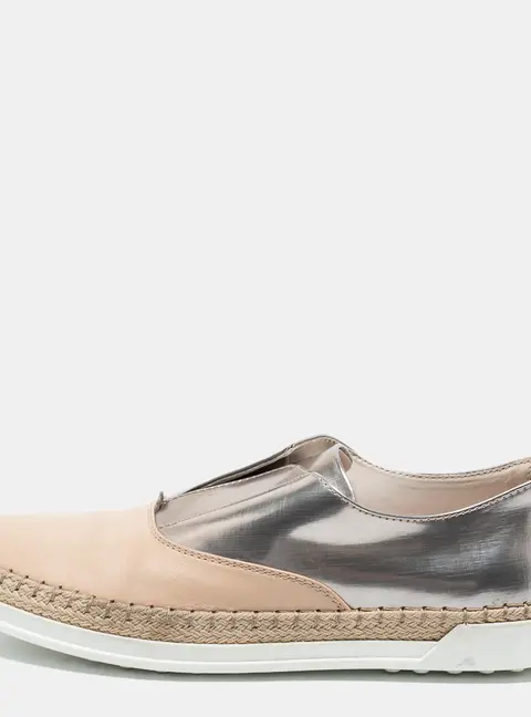 Tod's Silver and Beige Patent and  Leather Francesina Slip On Espadrille Sneakers Size 35.5