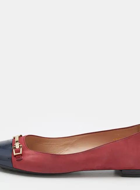 Tod's Crimson Red/Blue Leather And Patent Leather Cap Toe Buckle Ballet Flats Size 37