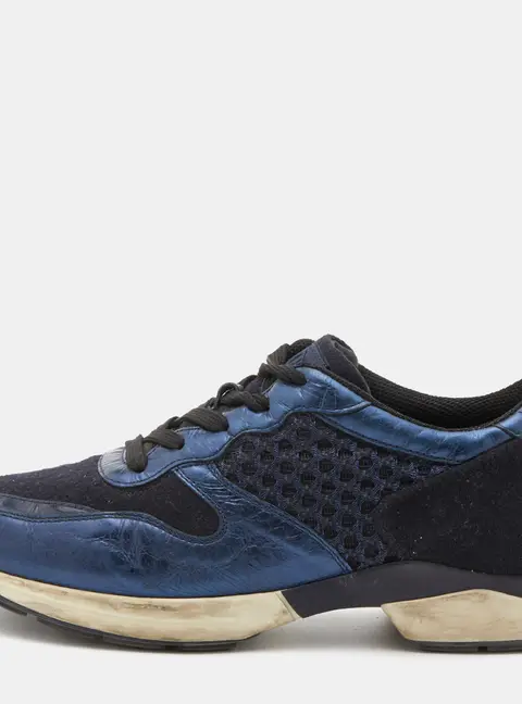 Tod's Navy Blue/Black Leather and Mesh Low Top Sneakers Size 37.5