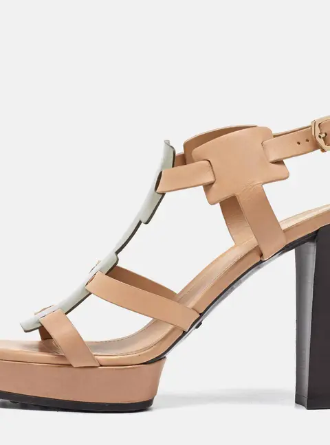 Tod's Beige/Metallic Grey Leather T-Bar Ankle Strap Platform Sandals Size 39.5